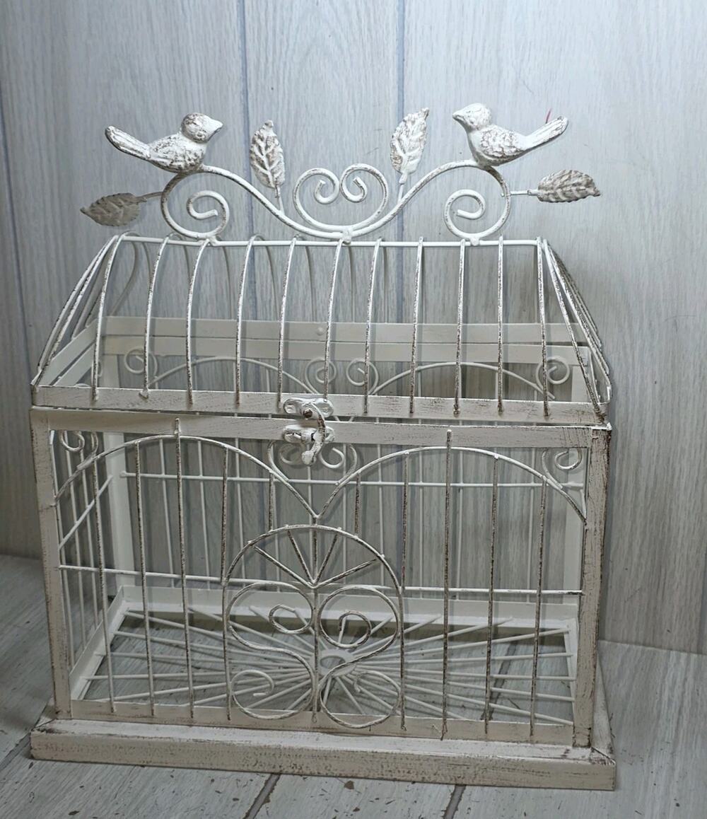 White Metal Birdcage Wedding Card Holder Two Perched Birds Home Decor Cottage
